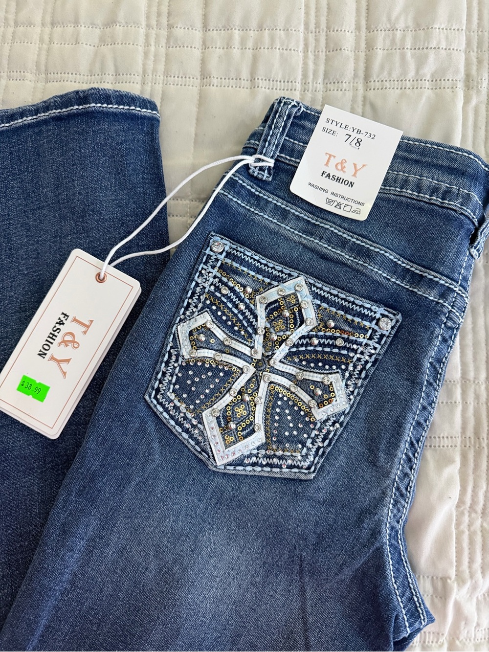Women's Dark Blue Boot Cut Jeans with Embellished Pocket